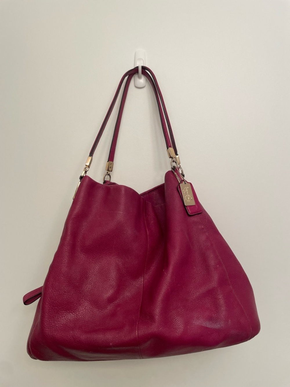 Coach Deep Magenta Pebbled Leather Tote with Gold Hardware
